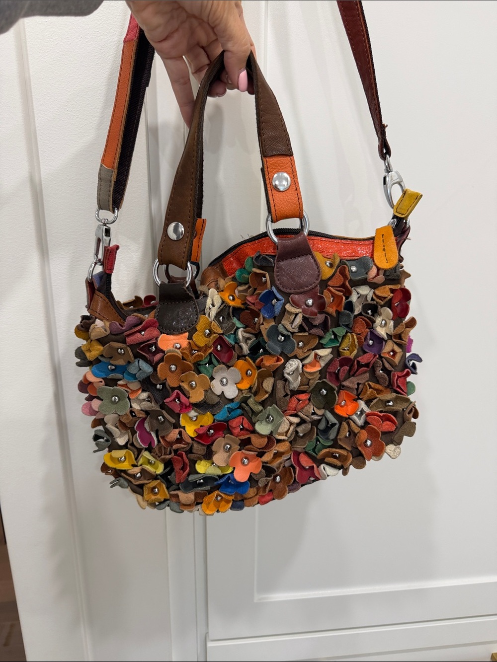 Hippie BoHo flower power purse, leather multicolor, maximalist texture